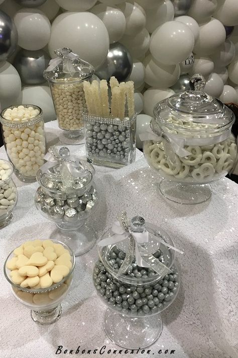 Silver Candy Buffet, Candy Buffet Bar, White Silver Wedding, 25th Wedding Anniversary Party, Silver Party Decorations, Buffet Bar, 18th Birthday Party Themes, 25th Anniversary Party, Disco Birthday Party