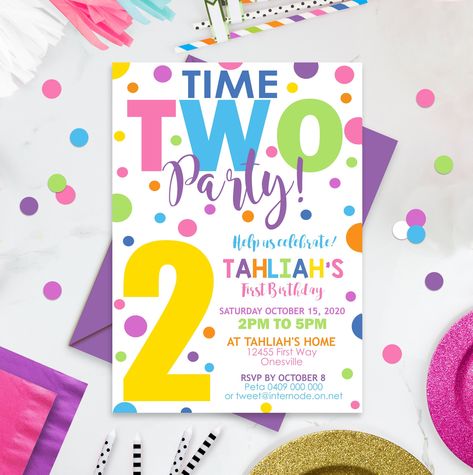 Time TWO Party Birthday Invitation Editable Confetti 2nd Birthday Invite Download Girl 2nd Birthday Invitation Digital 2nd Birthday Invite - Etsy February Baby Birthday, 2nd Birthday Invite, 2nd Birthday Party For Boys, Invitation Examples, Colorful Birthday Party, 2nd Birthday Party Themes, 2nd Birthday Invitations, Girl 2nd Birthday, Birthday Template