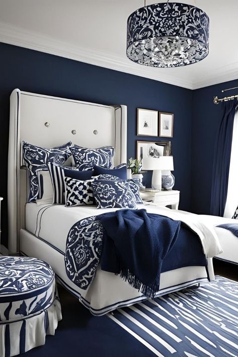 Dark Blue And White Bedroom, Hamptons Style Bedrooms, Blue And White Bedroom, Royal Bedroom Design, Modern White Bedroom, Men's Bedroom, Full Bedroom, White Bedroom Ideas, Blue Bedroom Decor