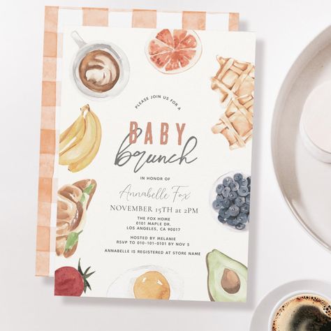 Waffles Coffee Fruits Watercolor Baby Brunch Invitation Baby Brunch Invitation, Fruits Watercolor, Brunch Foods, Bear Balloon, Baby Brunch, Bridal Brunch Invitations, Coed Baby Shower, Blue Balloon