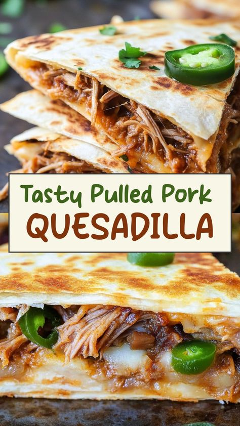 Indulge in the ultimate comfort food with these mouthwatering pulled pork quesadillas! Packed with flavor and gooey cheese, they make for a delicious meal or party appetizer. Whether you're hosting a gathering or looking for a satisfying weeknight dinner, these quesadillas are sure to please. The combination of tender pulled pork, melted cheese, and crispy tortillas creates a sensational dish that will have everyone reaching for seconds. Bbq Pork Quesadilla, Pork Quesadilla Recipes Easy, Shredded Pork Quesadilla, Quick Pulled Pork, Pulled Pork Quesadillas, Pork Quesadillas, Pork Quesadilla, Pulled Pork Quesadilla, Spicy Pulled Pork