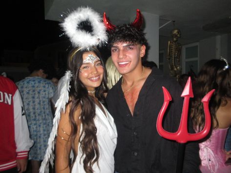 Couple Costumes For Halloween Devil And Angel, Couple Halloween Costumes 2024 Scary, Angle And Devil Couples Costumes, Angel And Demon Couple Costume, Half Angel Half Demon Costume, Couple Devil Costume, Devil And Fallen Angel Costume, Angel Devil Costume Couple, Scary Couple Costumes For Halloween