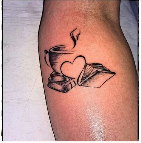 Glenn Rhee Tattoo Ideas, Love Reading Tattoos, Books And Coffee Tattoo Ideas, Cats Books And Coffee Tattoo, Outside Tattoo Ideas, Coffee And Book Tattoo Ideas, Spicy Book Tattoo Ideas, Colorful Book Tattoos, Reading Tattoo Ideas