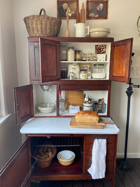 Hoosier Cabinet Hoosier Cabinet Ideas Farmhouse, Hoosier Cabinet Decorating Ideas, Antique Hoosier Cabinet, Hoosier Cabinets, Hoosier Cabinet, Vintage Crock, Home Again, Antique Kitchen, Cabinet Decor