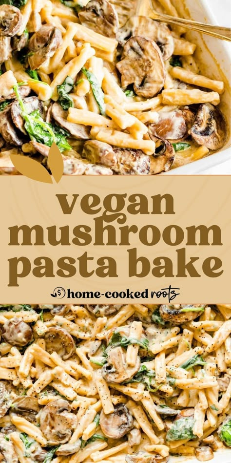 Try the No-Boil Vegan Mushroom Pasta Bake, an easy and creamy recipe perfect for busy weeknights. This dish is packed with healthy ingredients and rich flavors, making it a delicious and convenient meal option. Enjoy the savory taste of mushrooms and pasta in this quick and nutritious vegan bake. Vegan Bake Dinner, Vegan Bake Recipes, Baked Vegan Pasta, Vegan Pasta Casserole Recipes, Vegan Creamy Pasta Recipes, Mushroom Pasta Recipes Vegan, Vegan Dump And Bake Casserole, Vegetarian Dump And Bake, Plant Based Mushroom Recipes