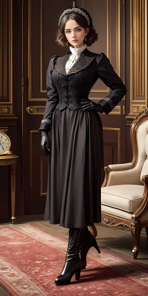 From Victorian elegance to crazy steampunk 008
A lady wearing suits in Victorian elegance style，created by “图趣 AI (tu-qu-ai)” software,
Keywords:  AI images, 图趣 AI , a lady, a beauty，pajamas，Victorian style，elegant，attractive，Leather boots，suits， attractive，steampunk style Victorian Style Outfits, Victorian Clothing Women, Victorian Style Clothing, Victorian Era Dresses, Aged Clothing, Queen Dresses, Victorian Era Fashion, Victorian Costume, Fashion Corner