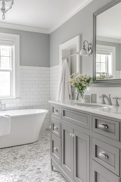 White And Silver Master Bath, Gray And White Bathrooms, Gray And White Bathroom Ideas, White And Gray Bathroom, Marble Tile Bathroom Floor, White Marble Tile Bathroom, Grey Bathroom Paint, Grey Bathroom Floor, Grey Modern Bathrooms