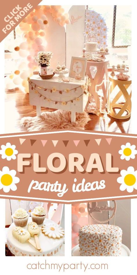 Floral Themed Birthday Party, Floral Theme Birthday Party, Floral 1st Birthday Party, Floral Party Ideas, Floral 1st Birthday, Wildflower Birthday, Autumn Birthday, Flower Birthday Party, 7 Birthday