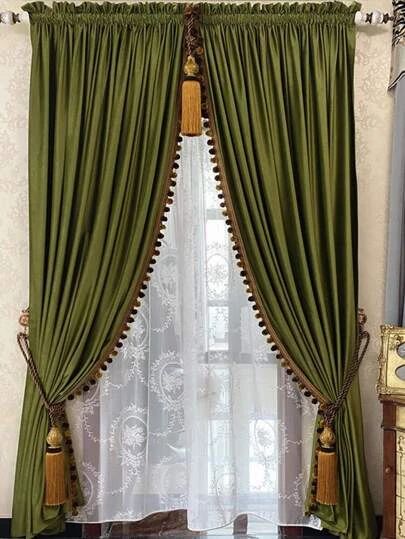 Modern Victorian Curtains, Classic Curtains Classy, Victorian Window Treatments, Green Curtains Bedroom, Curtain Tassels, Latest Curtain Designs, Golden Curtains, Window Curtain Designs, Fancy Curtains