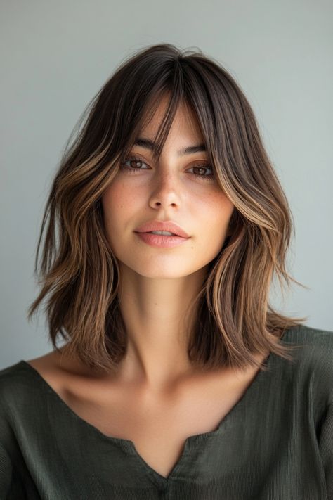 Discover a stylish and flexible option with shoulder-length haircuts paired with curtain bangs; a perfect choice for those with round faces. The layering technique not only adds dimension but also slims down the cheek area creating a flattering appearance. By adding soft, wavy texture to the hair, you can achieve a natural bounce that beautifully frames your face. Short Wavy Hair Shoulder Length, Bob With Fringe Bangs Mid Length, Lob Haircut Thick Hair Curtain Bangs, Curtain Bangs And Lob, Medium Length Haircut With Front Layers, Long Bob With Bangs And Glasses, Shag With Curtain Bangs Straight, Layered Hair Medium With Curtain Bangs, Wavy Mid Hair