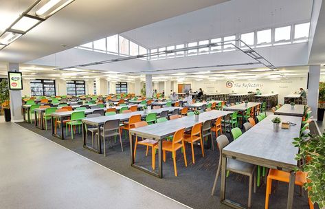 British Office, University Cafeteria, Canteen Design, Industrial Office Furniture, Cafeteria Design, Office Canteen, Classroom Interior, Industrial Office Design, Bistro Furniture