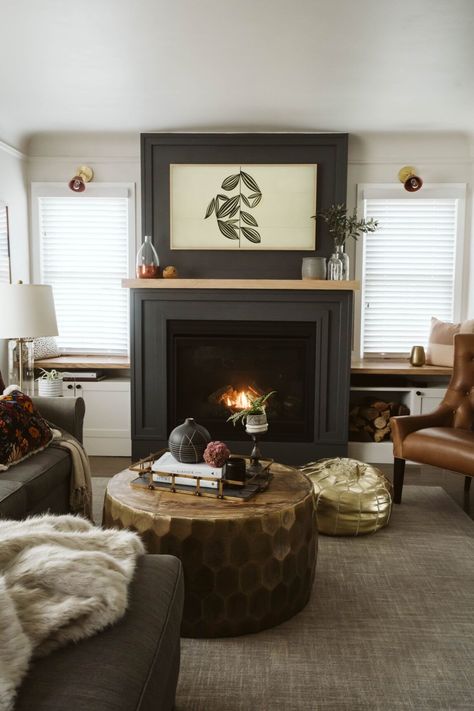 Paneling Above Fireplace With Tv, Faux Fireplace Between Windows, Square Living Room With Fireplace, Dark Fireplace Living Room, French Country Living Room Fireplace, Fireplace Styling With Tv, Decor Around Fireplace With Tv, Fireplace On Side Of Living Room, Design Around Fireplace