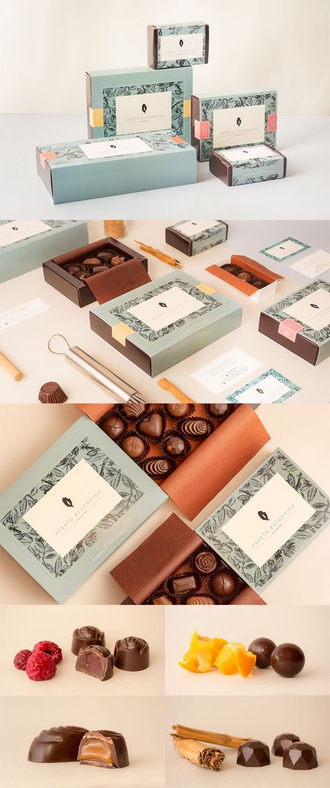 Puerto Escondido Chocolates by Agustina Camilión High End Chocolate Packaging, Chocolate Boxes Packaging, Chocolate Packaging Design Boxes, Chocolate Box Design Packaging Ideas, Chocolate Box Packaging Design, Chocolate Packaging Ideas, Chocolate Box Design, Dessert Packaging Design, Chocolate Branding