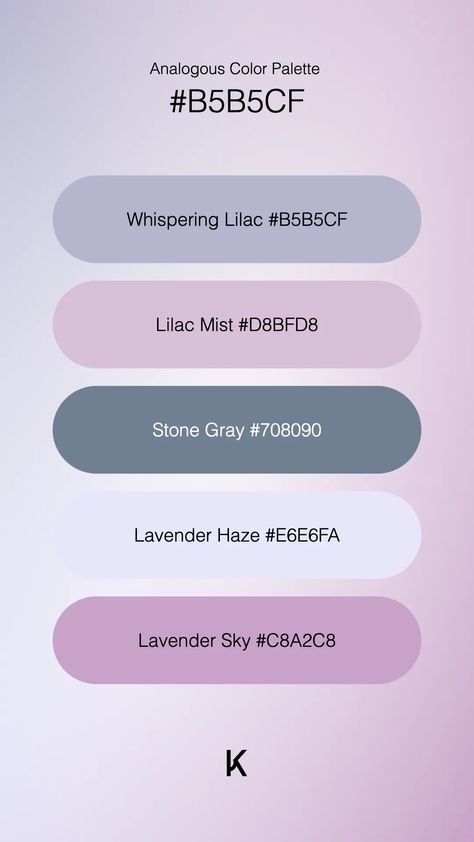 Analogous Color Palette Whispering Lilac #B5B5CF · Lilac Mist #D8BFD8 · Stone Gray #708090 · Lavender Haze #E6E6FA · Lavender Sky #C8A2C8 Lavender Colour Palette, Lavanda Color, Lilac Color Palette, Analogous Color Palette, Lavender Color Palette, Analogous Color, Lavender Sky, Lavender Colour, Christmas Color Palette