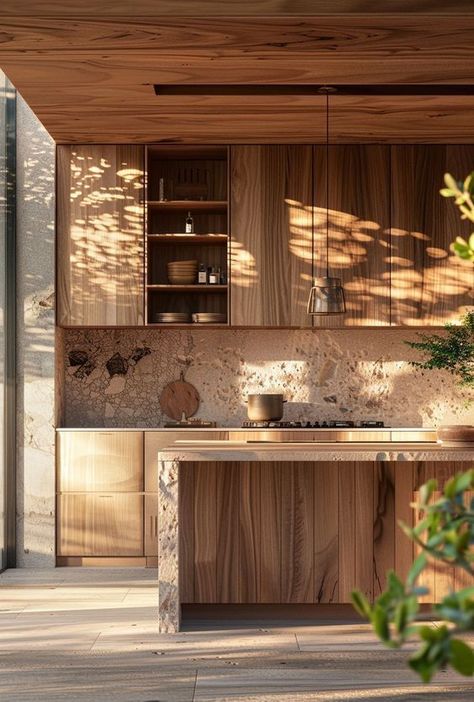 Organic Modern Kitchen Design Ideas, Wet Kitchen Ideas, Wooden Kitchen Modern, Desert Kitchen, Neutral Kitchen Designs, Bungalow Interiors, Glass Kitchen Cabinets, Timber Kitchen, Earthy Home