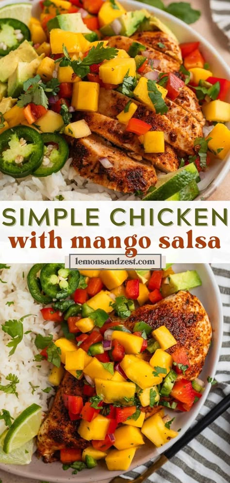 This Chicken with Mango Salsa is the easiest way to get dinner on the table. Juicy tender chicken breast topped with a freshly made delicious mango salsa that is served over rice or a variety of other ways. Simple and delicious and also great for weekly meal prep! Grilled Chicken And Mango Salsa, Mango Salsa Recipe Chicken, Healthy Salsa Chicken, Peach Mango Salsa Chicken, Mango Salsa Chicken Recipes, Chicken With Mango Salsa Recipe, Cilantro Lime Chicken With Mango Salsa, Chicken Mango Salsa Recipes, Grilled Citrus Chicken With Mango Salsa