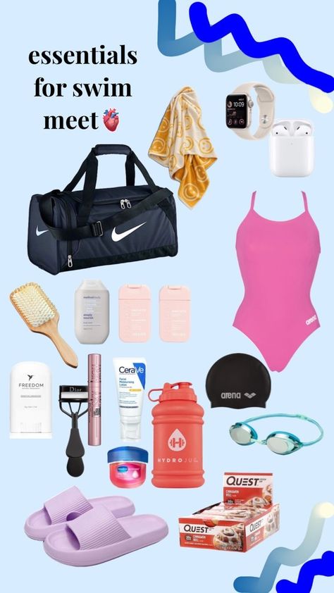 What To Pack In Your Swim Bag, Swimming Gear Accessories, Swimming Needs List, Swimming Packing List, Swimmer Outfits Swim Team, Whats In My Swim Bag, Swimming Sport Outfit, Swimming Essentials List, Swim Essentials Bag