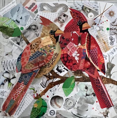 Blackbird Art, Collage Mixed Media Art, Female Cardinal, Paper Collages, Mixed Media Art Projects, Simple Collage, Applique Art, Bird Applique, Abstract Quilt