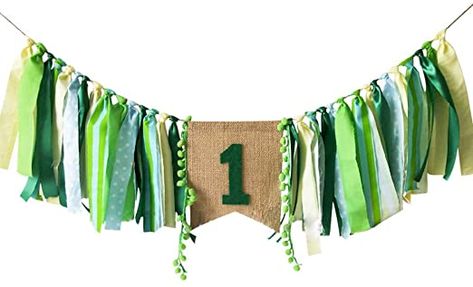 Highchair Birthday Decor, Shrek First Birthday Party, High Chair Decorations 1st Birthday, Highchair Garland, Jungle Theme Birthday Party, Baby Decorations, Birthday Highchair, Jungle Theme Birthday, Jungle Birthday Party