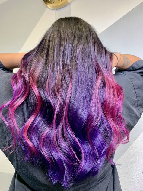 Pink And Purple Hair Balayage, Ombre Hair Purple And Pink, Brown Hair With Pink And Purple Highlights, Purple And Pink Balayage, Pink And Purple Balayage Brunette, Pink And Purple Peak A Boo Hair, Purple Sunset Hair, Black Purple Pink Hair, Purple Pink Balayage