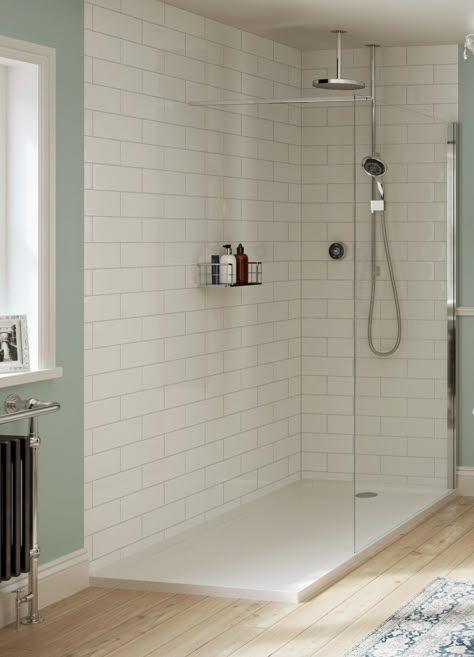 Mira Flight Safe low level anti-slip rectangular shower tray Shower Metro Tiles, Ensuite Shower Tile Ideas, Shower With Tray Floor, Small Bathrooms Wetrooms, Small Shower Room Ideas Green, Rectangular Shower Ideas, Shower Trays Bathroom, Rectangle Shower Ideas, Shower Tray Ideas Walk In