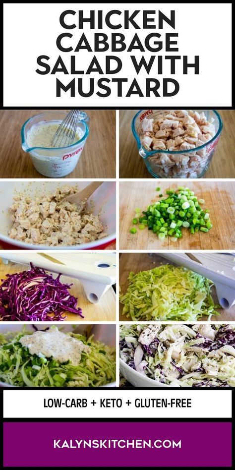 Pinterest image collage for Chicken Cabbage Salad with Mustard with 7 photos showing steps in the preparation process and one photo of the prepared salad. Chicken Salad With Cabbage, Chicken Cabbage Salad, Leftover Grilled Chicken, Chicken Cabbage, Costco Chicken, Lunch Sides, Salad With Chicken, Vegetable Crisps, Chicken And Cabbage