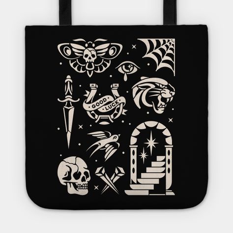 Tattoo flash design -- Choose from our vast selection of tote bags to match with your desired size to make the perfect custom tote. Pick your favorite: Movies, TV Shows, Art, and so much more! Available in Single Sided Print or Double Sided Print in small, medium, and large. Perfect for work, class, the beach, and leisure. Gothic School, Traditional Tattoo Stickers, Tote Bag Illustration, Gothic Homes, Old School Ink, Tattoo Posters, Sailor Jerry Tattoos, Vintage Barber, Bag Illustration