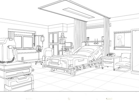 ArtStation - sala de hospital, Chris Guo Hospital Room Drawing Reference, Hospital Background Drawing, Hospital Sketch Drawings, Hospital Room Drawing, Manga Hospital, Room Drawing Reference, Hospital Bed Drawing, Hospital Room Design, Hospital Sketch