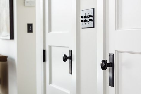 Door handle and light switch details in Portland industrial loft | Remodelista Bedroom Door Knobs, White Bedroom Door, Black Interior Door, Black Door Knobs, Interior Door Knobs, Black Interior Doors, Door Handles Interior, Loft Living, Door Sets