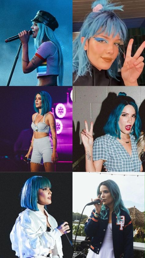 Halsey Short Blue Hair, Halsey Blue Hair Aesthetic, Halsey Dark Hair, Blue Hair Costume Ideas, Halsey Blue Hair, Nightmare Halsey, Halsey Short Hair, Halsey Halloween, Halsey Blue