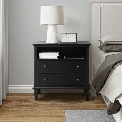 Kamilo Traditional 28.25 inch Open Storage Space Wide Nightstand Table with 2 Drawers by HULALA HOME - On Sale - Bed Bath & Beyond - 36827777 Wide Nightstand, 2 Drawer Dresser, Farmhouse Nightstand, Nightstand Table, Farmhouse End Tables, Nightstand With Charging Station, Black Nightstand, Adjustable Office Chair, Velvet Living Room