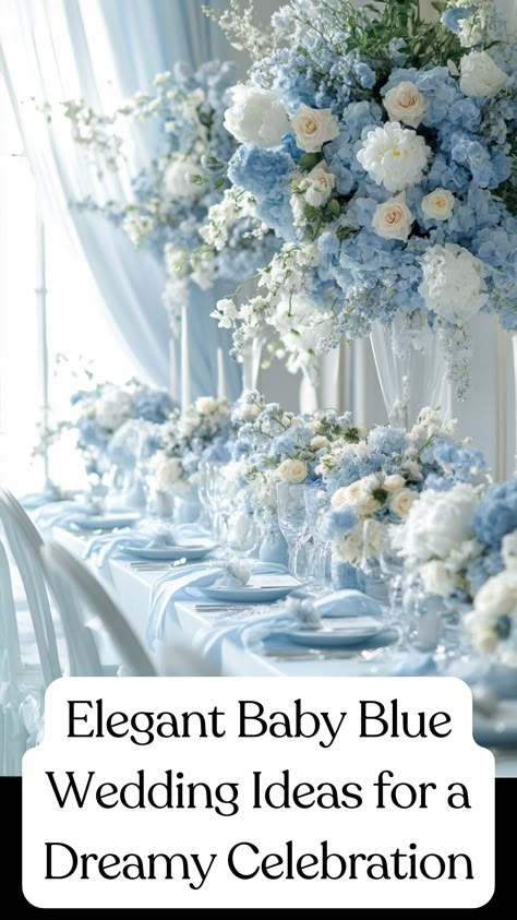 Elegant baby blue wedding decor with soft floral arrangements and matching table settings for a dreamy celebration. Sky Blue Wedding Flowers, Wedding Cake Blue Theme, Mist Blue Wedding Theme, Light Blue And Navy Wedding, Powder Blue Wedding Theme, Pastel Blue Wedding Theme, Blue And White Winter Wedding, Light Blue Wedding Theme, Blue And White Wedding Theme