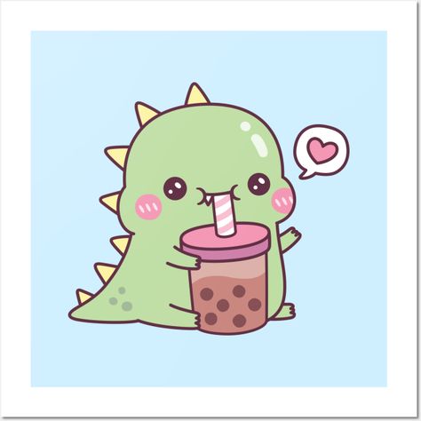 A cute little green dino with yellow spikes is drinking and loving bubble milk tea with lots of chewy boba pearls! Kawaii doodle for anyone those who loves bubble tea! -- Choose from our vast selection of art prints and posters to match with your desired size to make the perfect print or poster. Pick your favorite: Movies, TV Shows, Art, and so much more! Available in mini, small, medium, large, and extra-large depending on the design. For men, women, and children. Perfect for decoration. Boba Tea Cartoon, Bubble Tea Cute Drawing, Boba Tea Art, Boba Painting, Cute Dragon Art, Kawaii Bubble Tea Drawing, Cute Dinosaur Drawing, Boba Illustration Cute, Dinosaur Drinking Boba