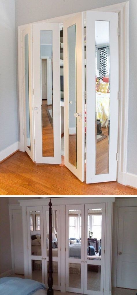 Customize Closet, Door Mirror Ideas, Mirrored Bifold Closet Doors, Home Diy Easy, Mirrors Rustic, Ikea Wardrobe Hack, Diy Closet Doors, Mirror Closet Doors, Bifold Closet Doors