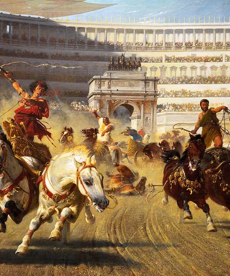 Wagner, Alexander von (b,1838)- Chariot Race, Circus Maximus, Rome, 1882 -2db。亚历山大 · 冯 · (b，1838年) 瓦格纳-战车赛，竞技场，罗马，1882年-2db Rome Movie, Chariot Race, Chariot Racing, Roman Chariot, Rome Painting, Imperiul Roman, Marshal Arts, Circus Maximus, Ben Hur