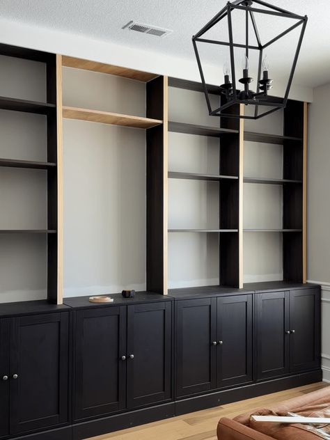 DIY Ikea Built-Ins Hack - Love Letters Billy Bookcase Half Wall, Billy Bookcase Tv Hack, Diy Built In Book Shelves, Ikea Office Shelves, Tall Bookshelf Makeover, Billy Bookcase Mudroom Hack, Diy Ikea Bookcase Built In, Painted Cabinets Living Room, Add Legs To Bookcase