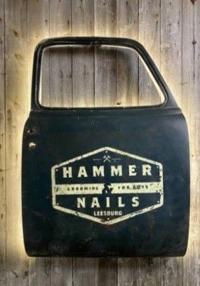 Vintage Garage Ideas, Showroom Garage, Casa Rock, Office Showroom, Truck Lettering, Car Parts Decor, Basement Doors, Logos Vintage, Car Part Furniture