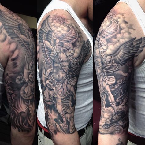 Guardian Angel Tattoo Ideas, Angel Tattoo Arm, Angel Tattoo Ideas, Angel Sleeve Tattoo, Guardian Angel Tattoo Designs, St Michael Tattoo, Tattoo Ideas For Guys, Michael Tattoo, Guardian Angel Tattoo