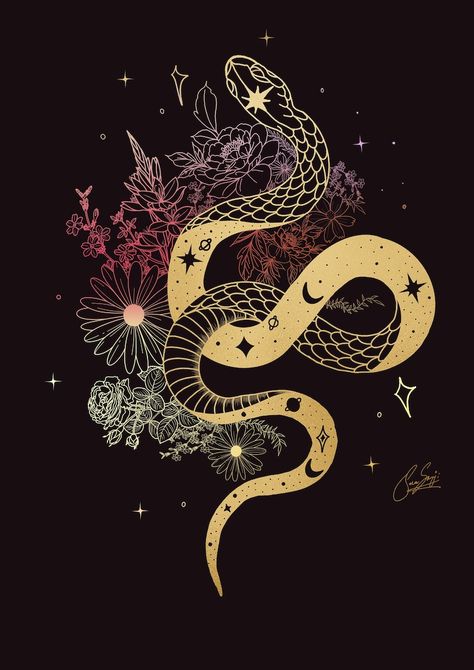 Snake Vector Art, Cosmic Snake, Snake Symbolism, Snake And Flowers, North Star Tattoos, Scrapbook Wallpaper, Musical Aesthetic, Snake Crafts, Snake Painting