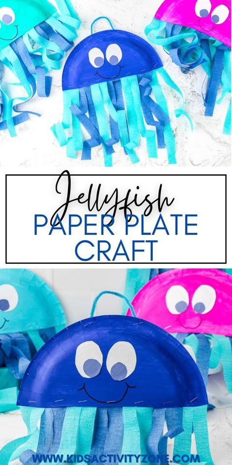 Jellyfish Project Preschool, Jelly Fish Paper Plate Crafts, Paper Plate Jelly Fish Craft, Ocean Animal Paper Plate Craft, Jellyfish Paper Plate, Fish Plate Craft, Jelly Fish Preschool Craft, Underwater Preschool Crafts, See Animals Craft Kids