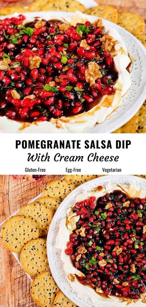 Cream Cheese Pomegranate Dip, Thanksgiving Appetizer Gluten Free, Appetizer With Pomegranate Seeds, Appetizers With Pomegranate Seeds, Pomegranate Jalapeno Dip, Savory Pomegranate Recipes, Pomegranate Salsa Recipes, Pomegranate Appetizer Recipes, Pomegranate Cream Cheese Dip