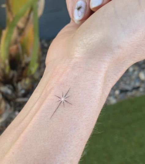 North Star Wrist Tattoos For Women, Cross Star Tattoo, 8 Pointed Star Tattoo Bryce, Black And White Star Tattoo, Polar Star Tattoo, Star Tattoo Placement, Northern Star Tattoo, 5 Star Tattoo, North Star Tattoos