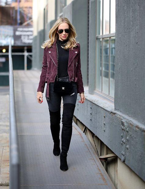 Jacket Ideas For Women, Suede Moto Jacket Outfit, Burgundy Jacket Outfit, Suede Jacket Outfit, Moto Jacket Outfit, Brooklyn Blonde, Jacket Ideas, Suede Biker Jacket, Burgundy Jacket