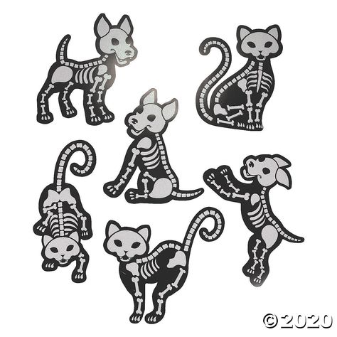 Skeleton Animal Glitter Cutouts | Oriental Trading Skeleton Dog Drawing, Pokemon Skull, Flesh Tattoo, Castle Crafts, White Holographic, Dark Skull, Cat Skeleton, Animal Cutouts, Haunted House Decorations