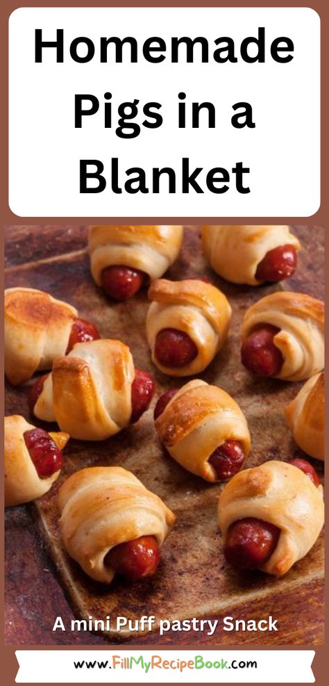 Create these easy Homemade Pigs in a Blanket for appetizers, served warm or cold. These delightful mini puff pastry snacks filled with small sausages are perfect for any party. Mini Pigs In A Blanket Recipe, Sausage In A Blanket, Homemade Pigs In A Blanket, Puff Pastry Appetizers Easy, Mini Puff Pastry, Snacks Platter, Pastry Snacks, Pigs In A Blanket Recipe, Puff Pastry Snacks