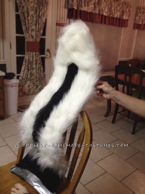 Coolest Homemade Skunk Costume Skunk Tail Costume, Diy Skunk Tail Costume, Skunk Diy Costume, Skunk Costume Womens, Skunk Costume Baby, Animal Control Costume, Diy Skunk Costume, Toddler Skunk Costume, Skunk Halloween Costume