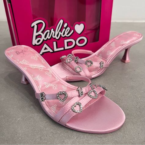 New In Box Aldo X Barbie “Barbiemule” Slip On Sandal/Mule/Heels. Light Pink Satin With Silver And Clear Crystal Detailing. Hearts And Letter B’s On Straps. Cushioned Satin Insoles. Glitter Outsoles. Come With Fuchsia Satin Dust Bag And Sliding Shoebox. Size: Us 6 Apperal Fashion, Pretty Visuals, Barbie Heels, 2000s Room, Y2k Heels, Trendy Stuff, Fairy Shoes, Cute High Heels, Mule Heels