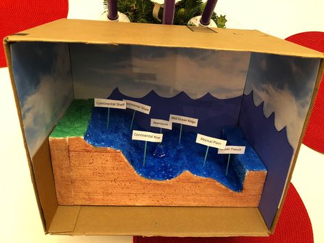 Ocean Floor Model Project, Ocean Floor Project, Tsunami Diorama, Tide Pool Diorama, Shoebox Diorama Ocean, Ecosystems Projects Shoebox Ocean, Continental Shelf, Ocean Projects, Plate Tectonics