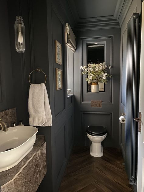 French Powder Bathroom, Dark Grey Downstairs Toilet, Luxury Cloakroom Toilet Ideas, Victorian Toilet Ideas, Bathroom Decor Grey Tiles, Downstairs Toilet Ideas Dark, Moody Traditional Bathroom, Dark Wc Ideas, Moody Bathroom Blue