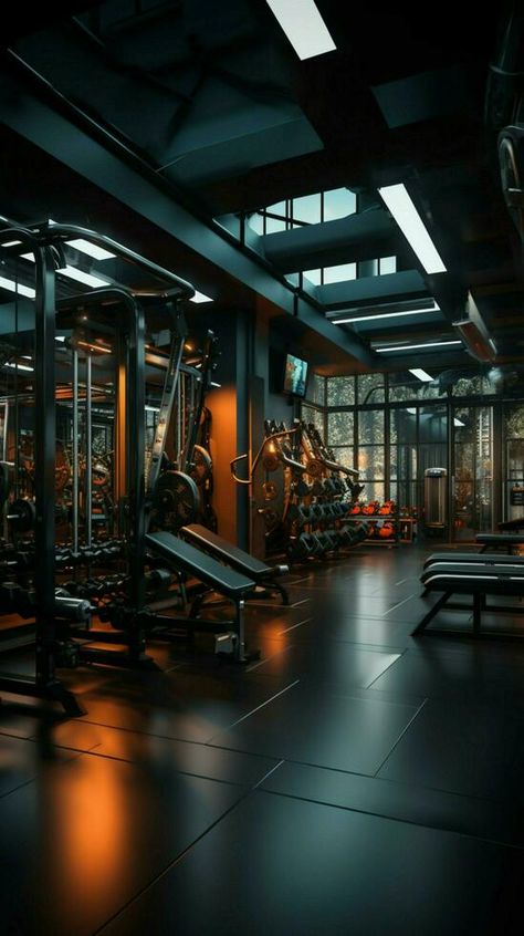 Within the gyms walls, a comprehensive selection of workout equipment is available Vertical Mobile Wallpaper AI Generated Dark Gym Wallpaper, Gym Background For Editing, Gym Wallpaper Backgrounds, Workout Background, Gym Background, Performance Tasks, Gym Wallpaper, Ideas Decoracion, Workout Equipment